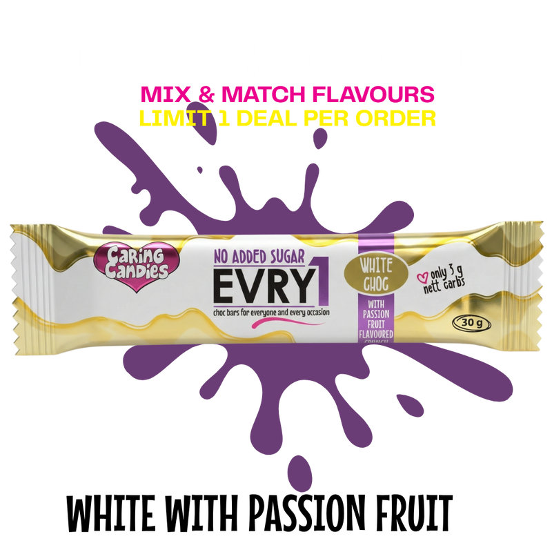 Caring Candies EVRY1 No Added Sugar Choc Bar | WHITE + PASSION FRUIT CRUNCH | 30g