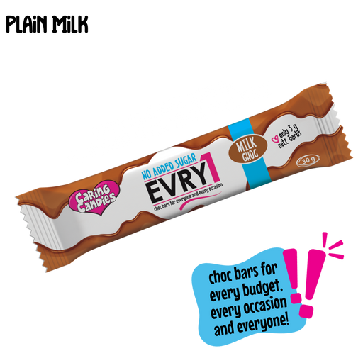 30g caring candies sugar-free EVRY1 milk chocolate bar on a transparent background showing new recipe