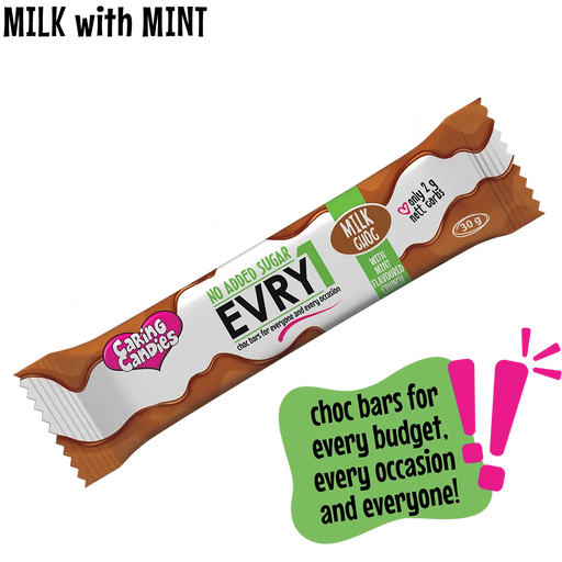 budget-friendly milk sugarfree chocolate bar with peppermint flavoured candy crunch by caring candies showing no added sugar and only 2g nett carbs text