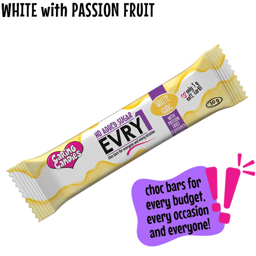 budget-friendly white sugarfree chocolate bar with passion fruit flavoured candy crunch by caring candies showing no added sugar and only 3g nett carbs text