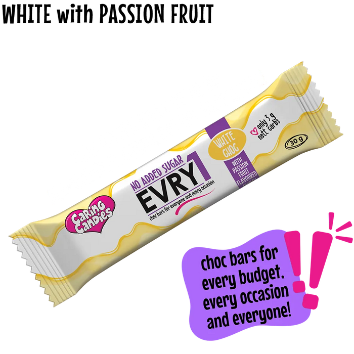 budget-friendly white sugarfree chocolate bar with passion fruit flavoured candy crunch by caring candies showing no added sugar and only 3g nett carbs text