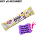budget-friendly white sugarfree chocolate bar with passion fruit flavoured candy crunch by caring candies showing no added sugar and only 3g nett carbs text