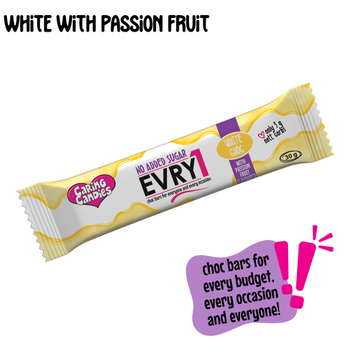 30g caring candies sugar-free EVRY1 white chocolate bar with passion fruit flavouring on a transparent background showing new recipe