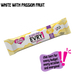 30g caring candies sugar-free EVRY1 white chocolate bar with passion fruit flavouring on a transparent background showing new recipe
