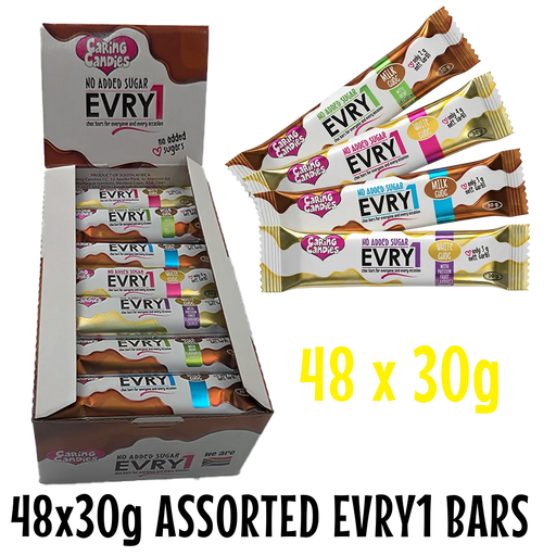 bulk shipper carton showing 48x30g sugarfree chocolate bars in assorted flavours