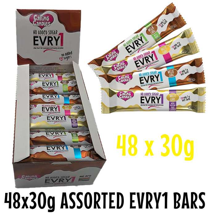 bulk shipper carton showing 48x30g sugarfree chocolate bars in assorted flavours