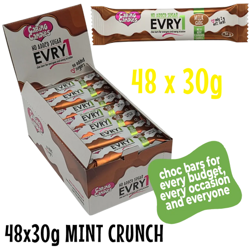 Box of EVRY1 chocolate bars with a single bar on top, labeled 48 x 30g Mint Crunch.
