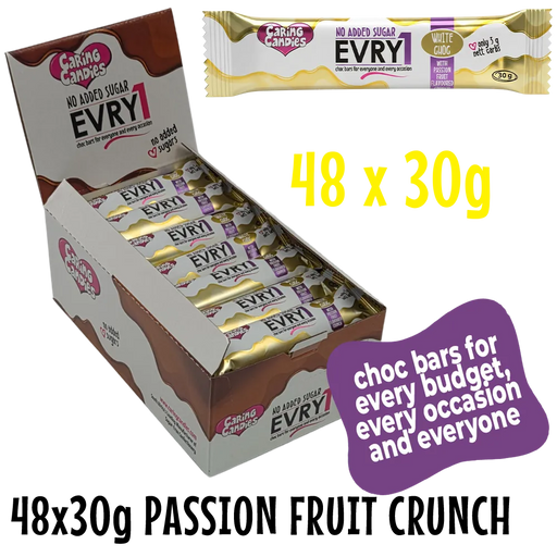 bulk shipper carton showing 48x30g sugarfree evry1 milk chocolate bars with passion fruit flavoured crunch by caring candies