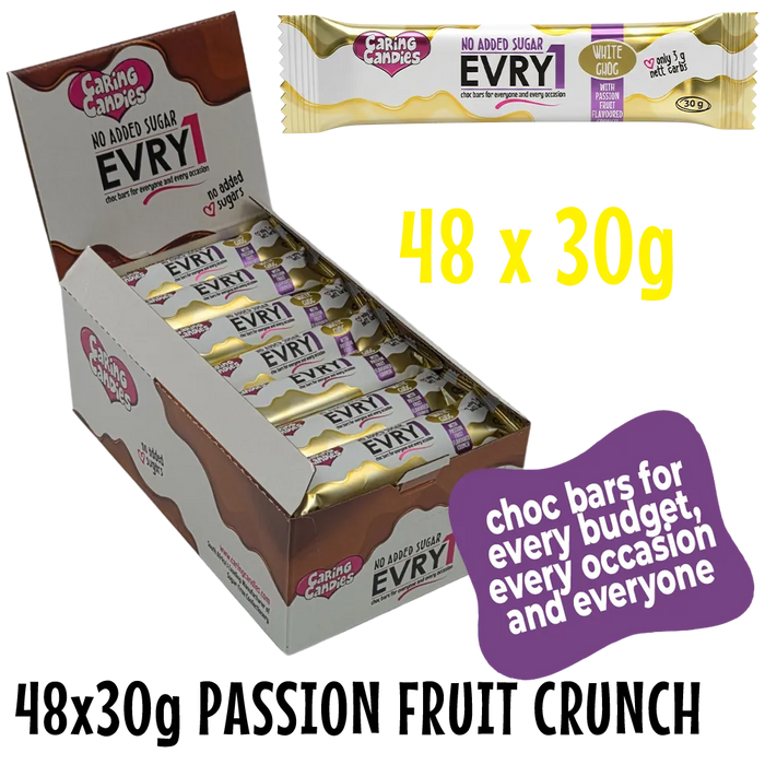 bulk shipper carton showing 48x30g sugarfree evry1 milk chocolate bars with passion fruit flavoured crunch by caring candies