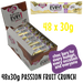 bulk shipper carton showing 48x30g sugarfree evry1 milk chocolate bars with passion fruit flavoured crunch by caring candies