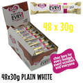bulk shipper carton showing 48x30g sugarfree evry1 white chocolate bars by caring candies