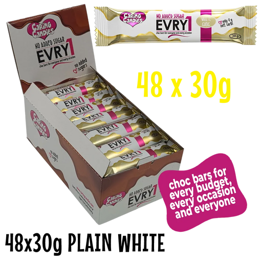 bulk shipper carton showing 48x30g sugarfree evry1 white chocolate bars by caring candies