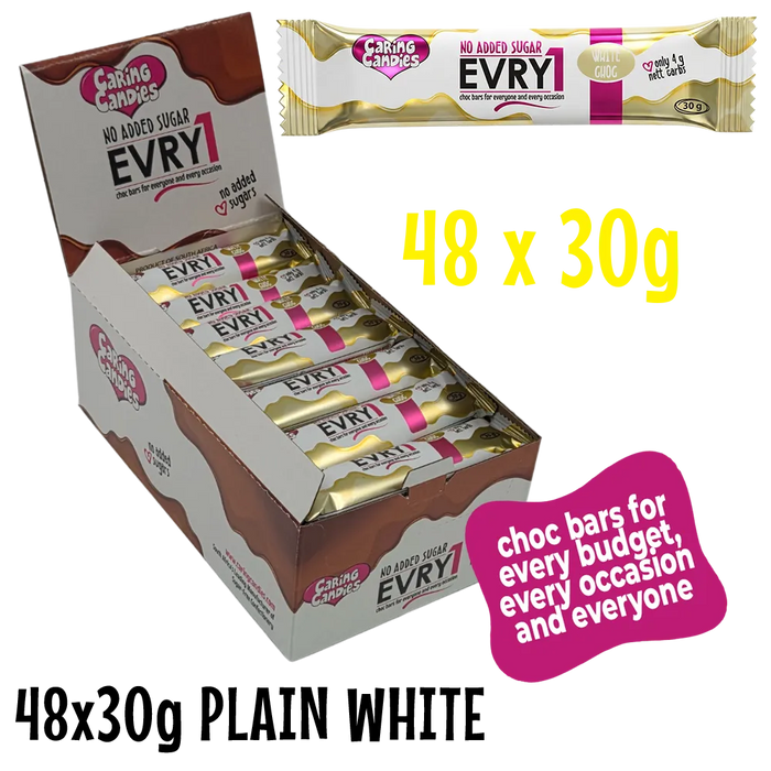 bulk shipper carton showing 48x30g sugarfree evry1 white chocolate bars by caring candies