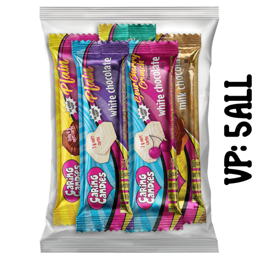 variety pack of 5 assorted sugar-free 50g premium milk and white chocolate bars from Caring Candies. Ideal for those following a diabetic, gluten-free, sugar-free, keto, banting, and low carb lifestyle diet