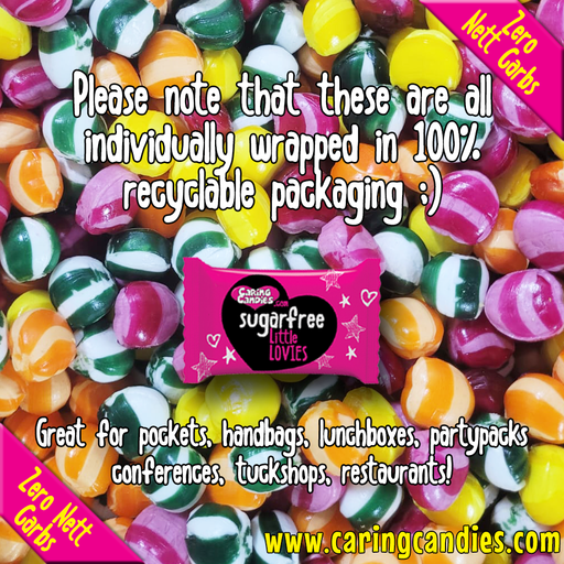 Bulk 1kg catering pack of sugar-free assorted sour flavoured heart shaped sweets called Little Lovies by Caring Candies. Ideal for those following an ADHD, diabetic, gluten free, sugar free, keto, banting, low carb, or plant based vegan lifestyle diet.