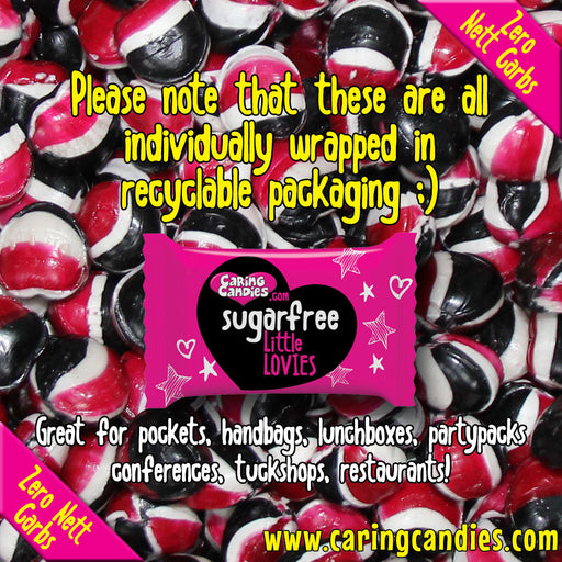 Bulk 1kg catering pack of sugar-free liquorice flavoured heart shaped sweets called Little Lovies by Caring Candies. Ideal for those following an ADHD, diabetic, gluten free, sugar free, keto, banting, low carb, or plant based vegan lifestyle diet.