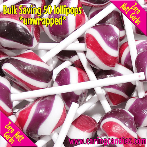 Pack of 50 unwrapped sugarfree lollipops with text indicating zero nett carbs