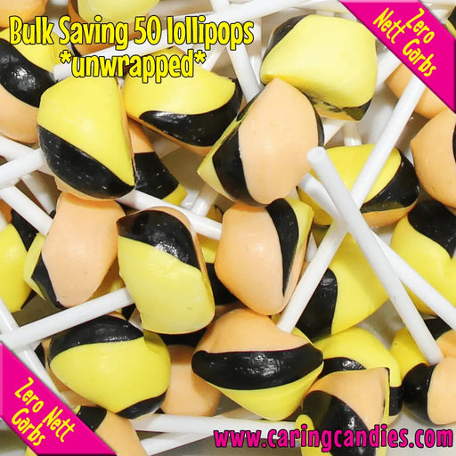 Pack of 50 unwrapped sugarfree lollipops with text indicating zero nett carbs