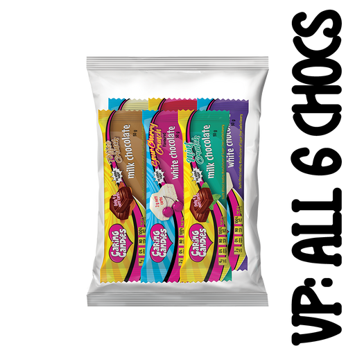 variety pack of 6 assorted sugar-free 50g premium milk and white chocolate bars from Caring Candies. Ideal for those following a diabetic, gluten-free, sugar-free, keto, banting, and low carb lifestyle diet