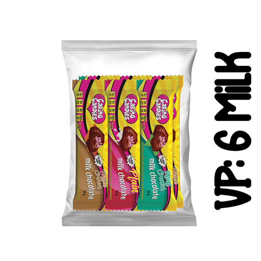 Variety Pack of 6 assorted 50g sugarfree, no added sugar milk chocolates by Caring Candies. Suitable for Diabetics and those following a low carb, keto or banting diet.