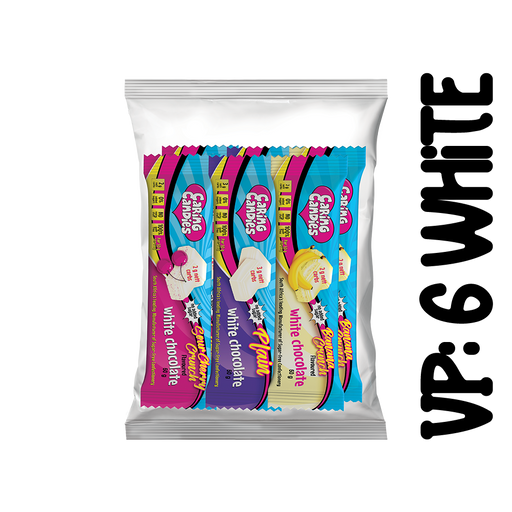 variety pack of 6 assorted sugar-free 50g premium white chocolate bars from Caring Candies. Ideal for those following a diabetic, gluten-free, sugar-free, keto, banting, and low carb lifestyle diet