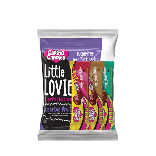 Variety pack of assorted sugar free Little Lovies fruity flavoured sweets and milk chocolate bars. Suitable for Type 1 and Type 2 Diabetics
