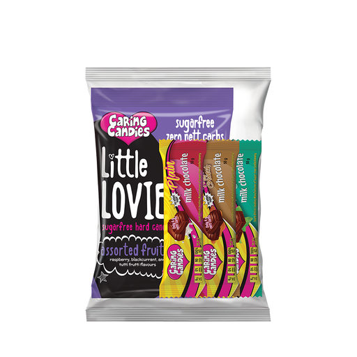 Variety pack of assorted sugarfree fruity flavoured hard boiled sweets and 3 assorted premium milk chocolate bars by caring candies. Suitable for Type 1 and Type 2 Diabetics
