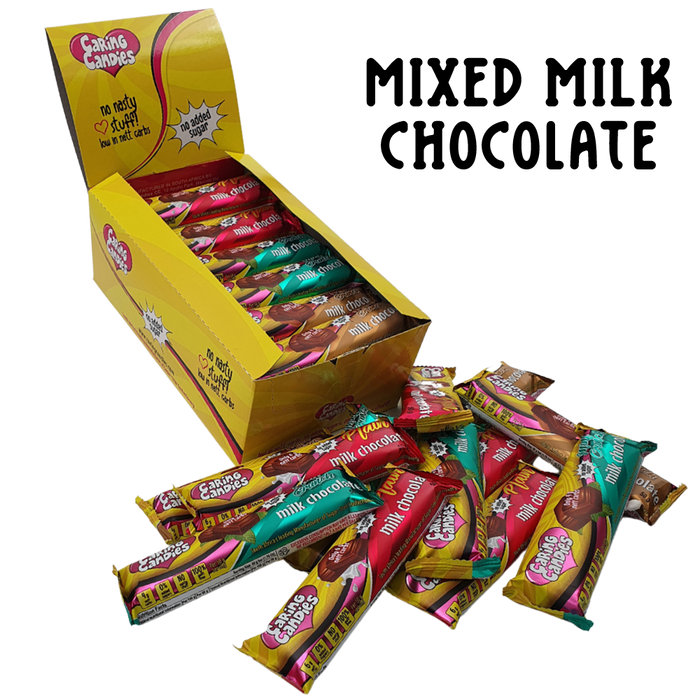 Bulk box of 30x50g Assorted No Added Sugar Milk Chocolates by Caring Candies. Suitable for Diabetic, Low Carb, Glutenfree, Halaal, Keto, and Kosher lifestyles