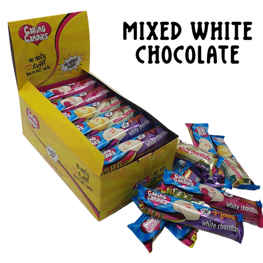 Bulk box of 30x50g Assorted No Added Sugar White Chocolates by Caring Candies. Suitable for Diabetic, Low Carb, Glutenfree, Halaal, Keto, and Kosher lifestyles