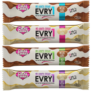 Five packages of Caring Candies EVRY chocolate bars with different flavors on a white background.