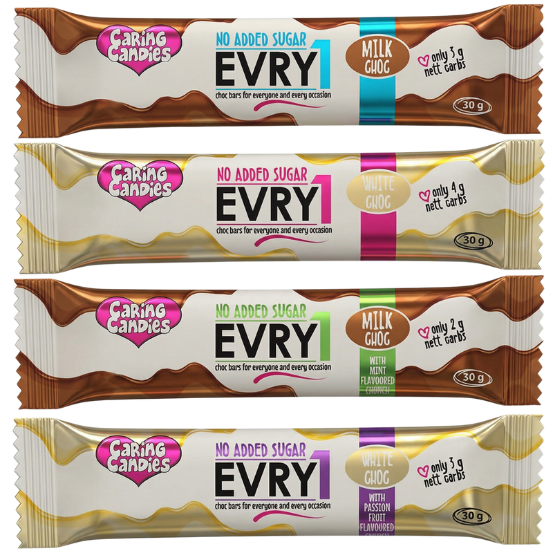 Five packages of Caring Candies EVRY chocolate bars with different flavors on a white background.