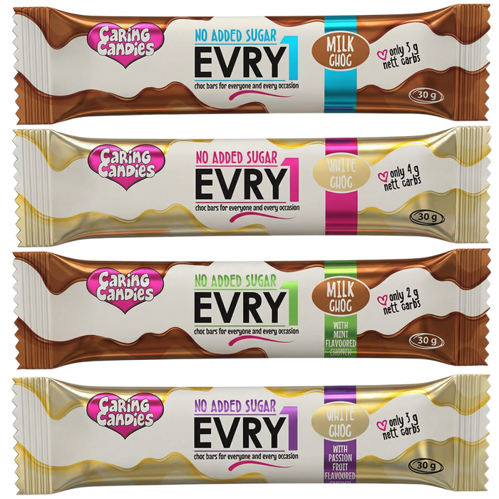 Five packages of Caring Candies EVRY chocolate bars with different flavors on a white background.
