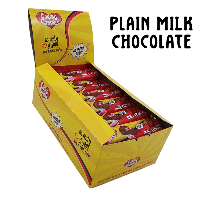 Bulk box of 30x50g No Added Sugar free milk chocolate bar by Caring Candies. Banting, Bulk Savings, Diabetic, Glutenfree, Halaal, Keto, Kosher, Low Carb