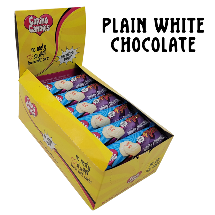 Bulk carton of 30x50g No Added Sugar White Chocolates by Caring Candies. Suitable for Diabetic, Low Carb, Glutenfree, Halaal, Keto, and Kosher lifestyles
