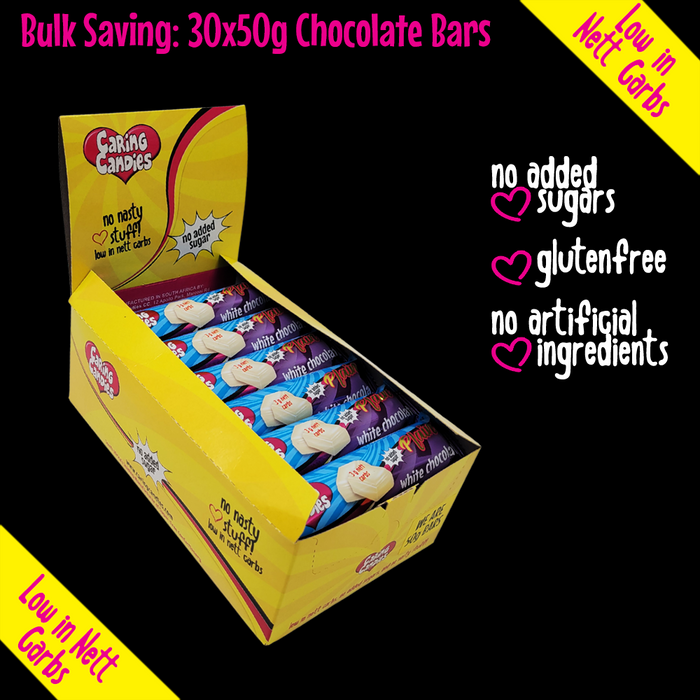 Bulk Saving: 30x50g No Added Sugar PLAIN WHITE Chocolate Shipper