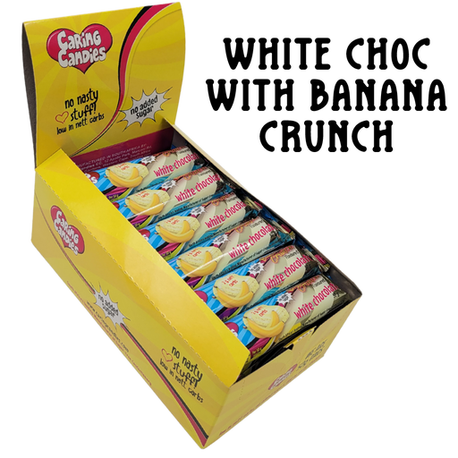 Bulk carton of 30x50g No Added Sugar White Chocolate Bars with Banana Crunch by Caring Candies. Suitable for Diabetic, Low Carb, Glutenfree, Halaal, Keto, and Kosher lifestyles