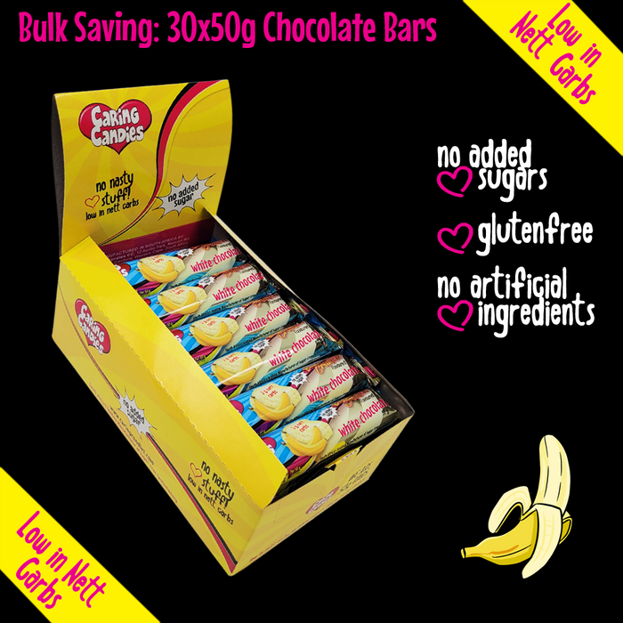 Bulk Saving: 30x50g No Added Sugar WHITE with BANANA CRUNCH Chocolate Shipper
