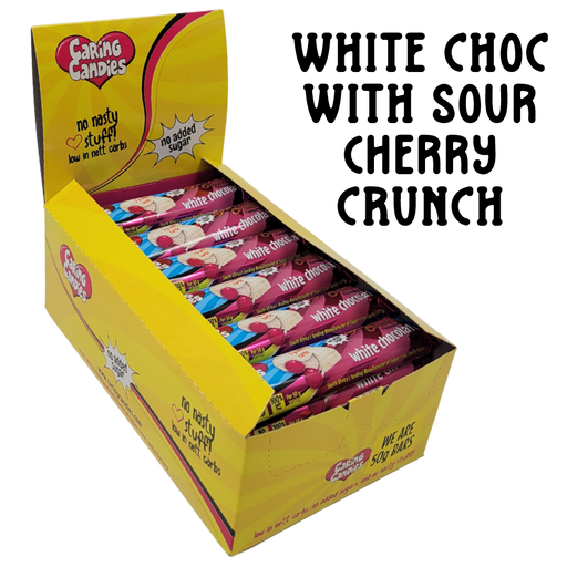 A retail display box of 30x50g caring candies sugar-free premium white chocolate bars with sour cherry flavoured crunch on a transparent background