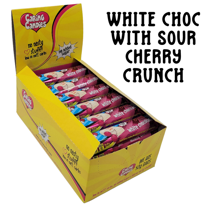 Bulk carton of 30x50g No Added Sugar White Chocolate with Sour Cherry Crunch by Caring Candies. Suitable for Diabetic, Low Carb, Glutenfree, Halaal, Keto, and Kosher lifestyles
