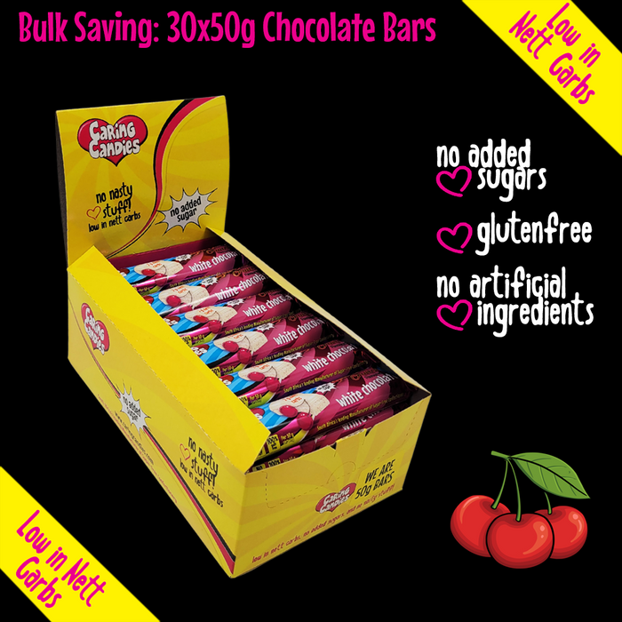 Bulk carton of 30x50g No Added Sugar White Chocolate with Sour Cherry Crunch by Caring Candies. Suitable for Diabetic, Low Carb, Glutenfree, Halaal, Keto, and Kosher lifestyles