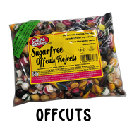 Assorted colour and shape rejects and offcuts of Sugar-free sweets by Caring Candies. Suitable for Diabetics, Keto, Candida, and Glutenfree Diets