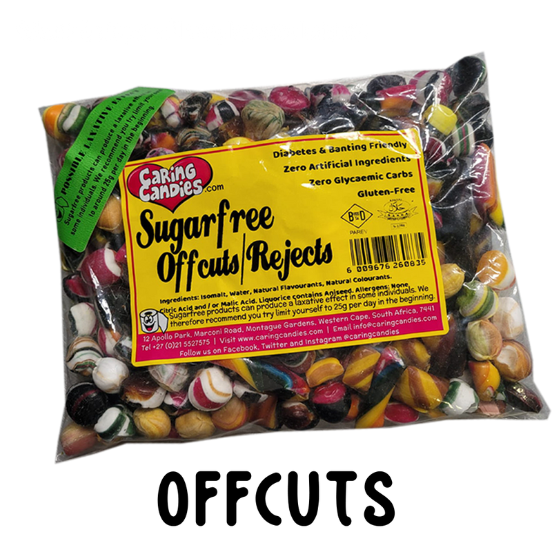 Assorted colour and shape rejects and offcuts of Sugar-free sweets by Caring Candies. Suitable for Diabetics, Keto, Candida, and Glutenfree Diets