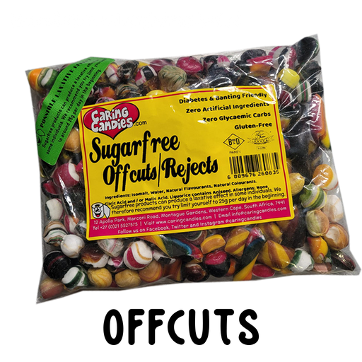 Assorted colour and shape rejects and offcuts of Sugar free sweets by Caring Candies. Suitable for Diabetics, Keto, Candida, and Glutenfree Diets