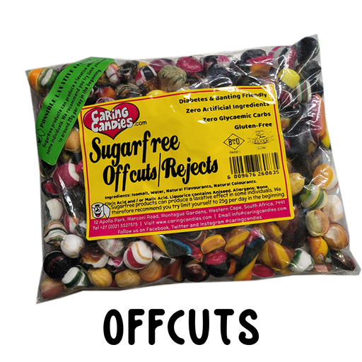 Assorted colour and shape rejects and offcuts of Sugar-free sweets by Caring Candies. Suitable for Diabetics, Keto, Candida, and Glutenfree Diets