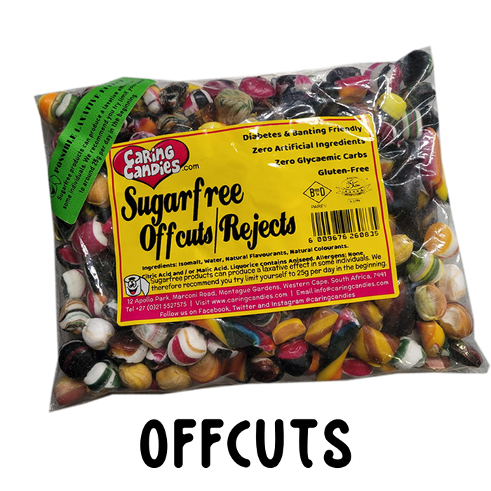 Assorted colour and shape rejects and offcuts of Sugar free sweets by Caring Candies. Suitable for Diabetics, Keto, Candida, and Glutenfree Diets