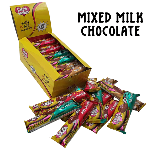 bulk shipper carton showing 30x50g premium sugarfree milk chocolate bars in assorted flavours by caring candies