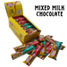 bulk shipper carton showing 30x50g premium sugarfree milk chocolate bars in assorted flavours by caring candies