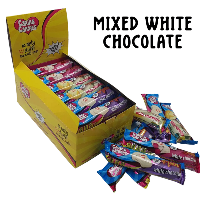 bulk shipper carton showing 30x50g premium sugarfree white chocolate bars in assorted flavours by caring candies