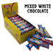bulk shipper carton showing 30x50g premium sugarfree white chocolate bars in assorted flavours by caring candies