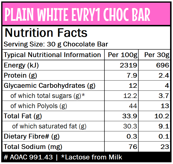 Caring Candies EVRY1 No Added Sugar Choc Bar | PLAIN WHITE | 48x30g Shipper